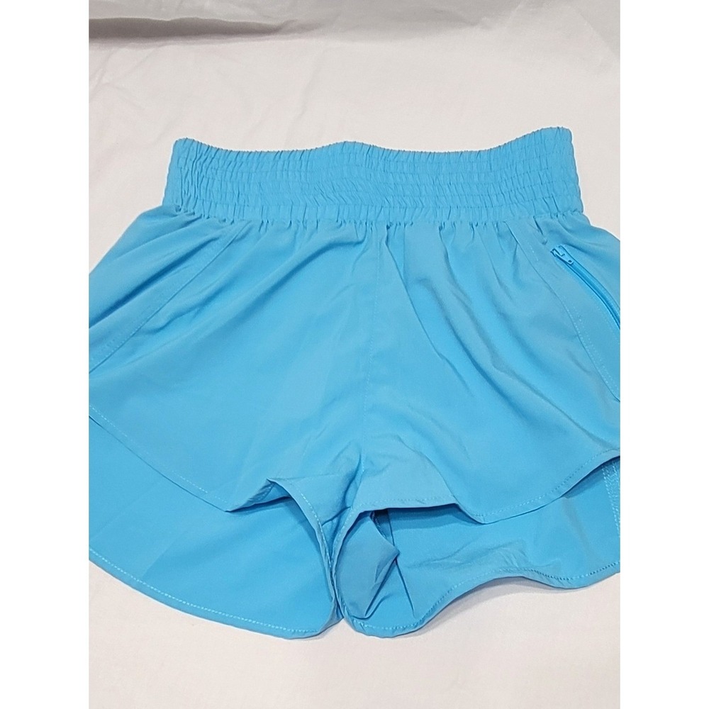 Athletic Light Blue Smocked Waistband Running Shorts with Zipper Pocket